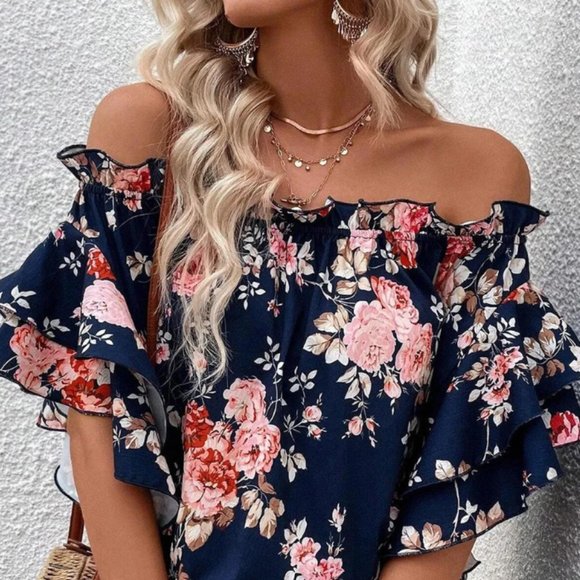 SHYING FASHION | Tops | Blue Ruffle Off Shoulder Flounce Sleeve Floral ...